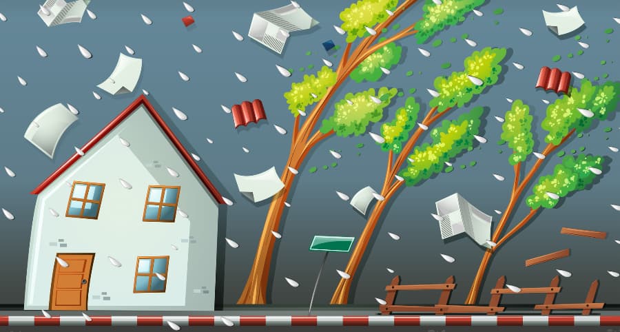 Graphic of a storm affecting a residence and the surrounding environs
